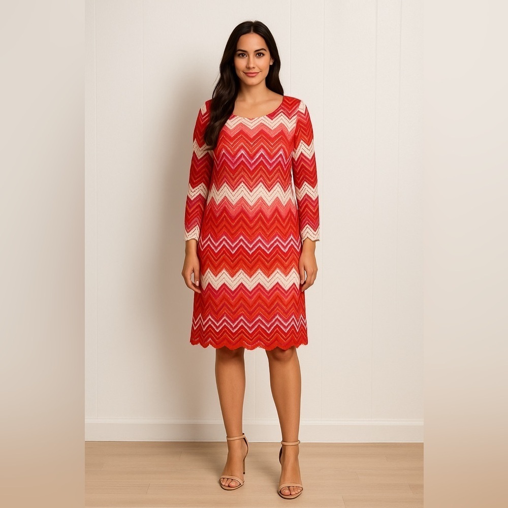 70s Inspired Shift Dress Zigzag Chevron Lace Bell Sleeve Midi Red Pink Size XL